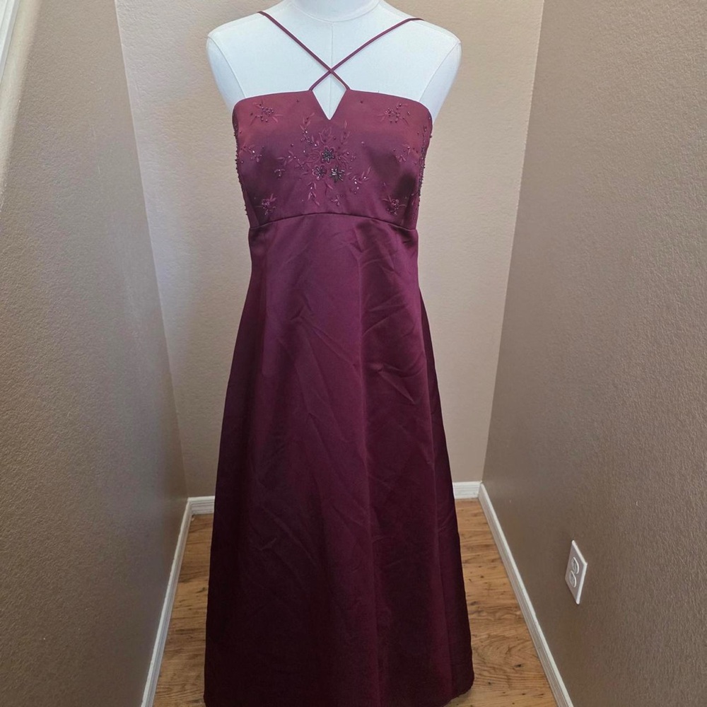 David's Bridal Strapless Wine Embroidered A-Line Gown